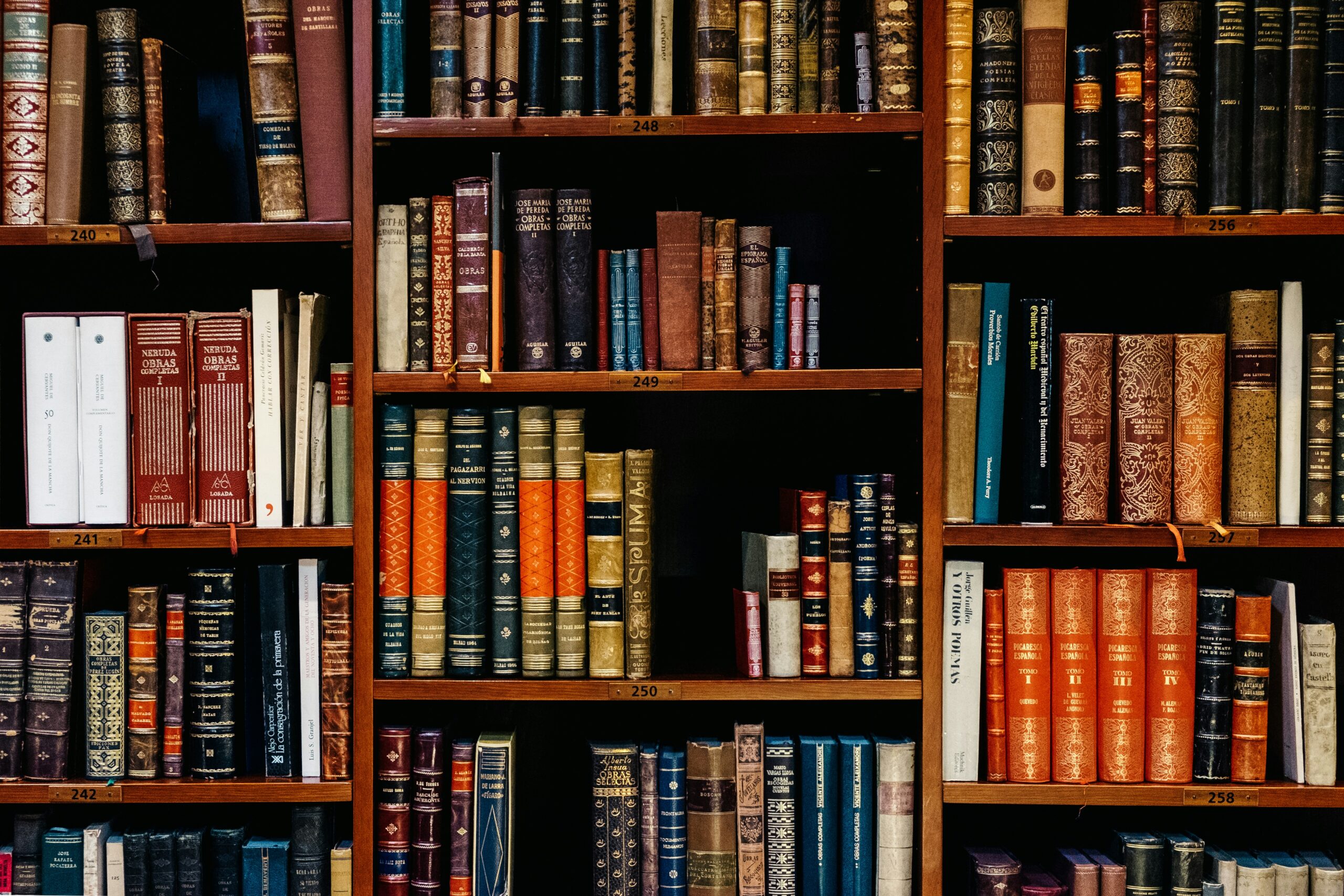 assorted-title of books piled assorted-title of books piled in the shelves